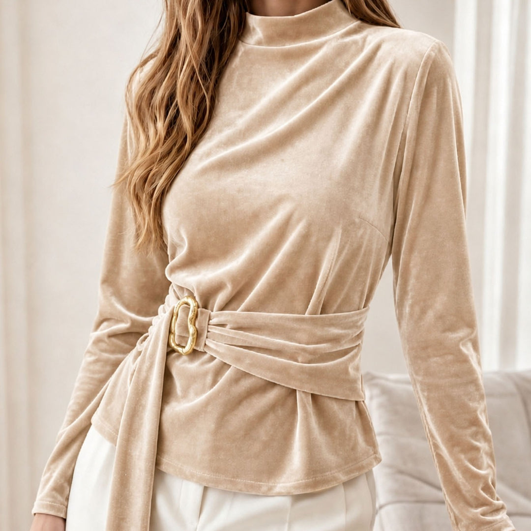 Apricot long-sleeve velvet top with draped waist tie and gold ring buckle