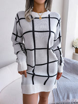 Casual Contrast Color Plaid Long Sleeve Base Sweater Dress - WOMONA.COM