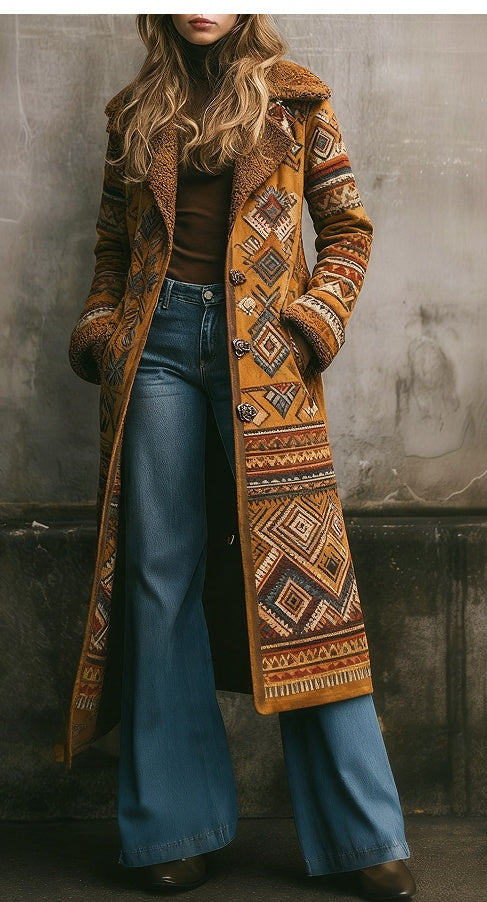 Women's long wool overcoat in rust brown with geometric patterned panels and long length.