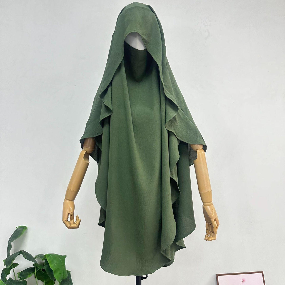 Women’s polyester scarf shawl, deep green hooded wrap with flowing layered edges