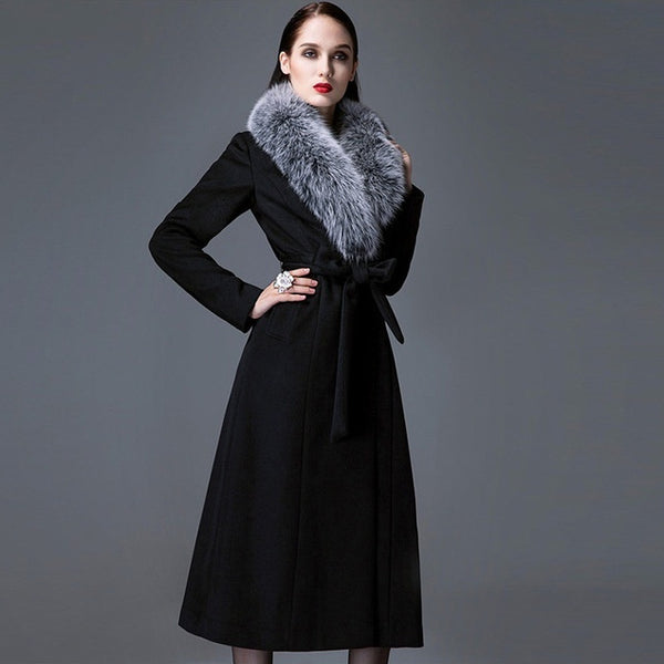 Real Fox Fur Collar Wool Overcoat Super Long Waist