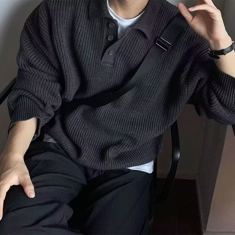 Men's Long Sleeve Knit Polo Sweater - WOMONA.COM