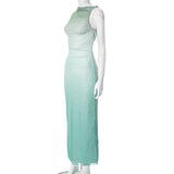 Round Neck Sleeveless Tie-dyed Mesh Long Dress - WOMONA.COM