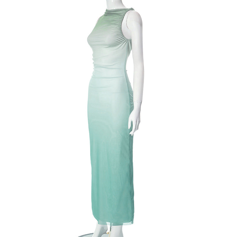 Round Neck Sleeveless Tie-dyed Mesh Long Dress - WOMONA.COM