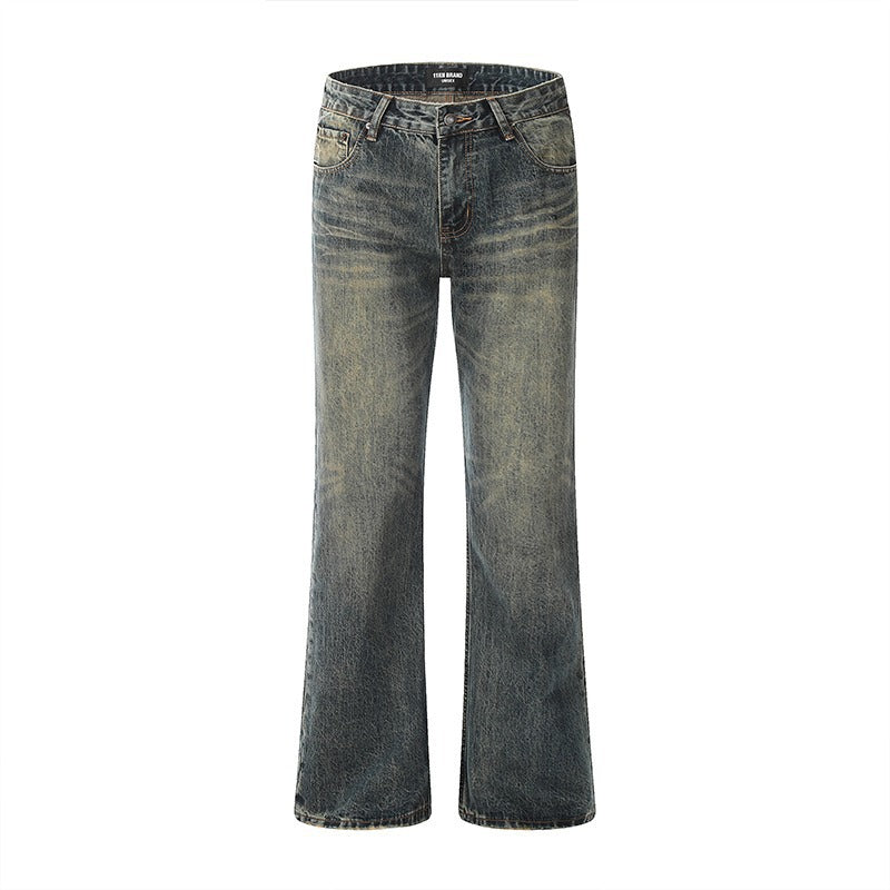 Men's light-wash straight-leg jeans, full front view, distressed seams and faded wash