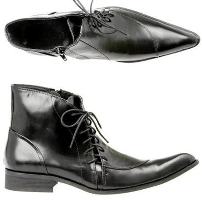 Black pointed-toe leather lace-up boot, side view with thick sole and open interior