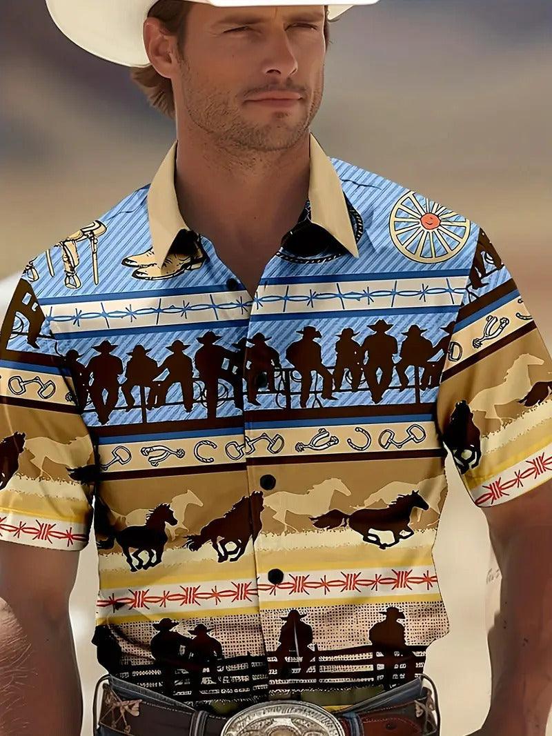Short sleeve shirt with western scene print in navy, tan, and red