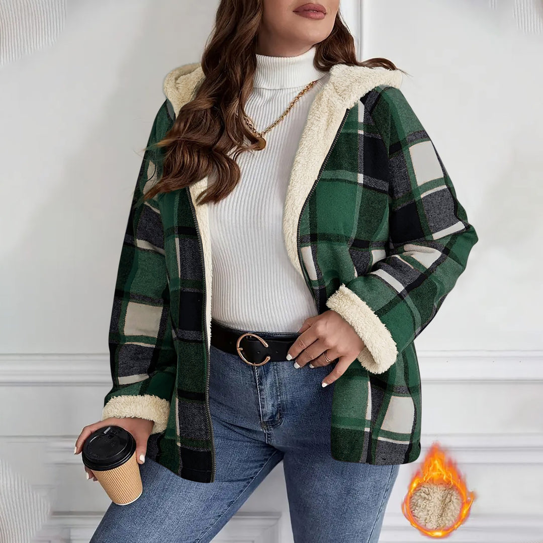 Green plaid hooded coat with sherpa lining and button-front closure