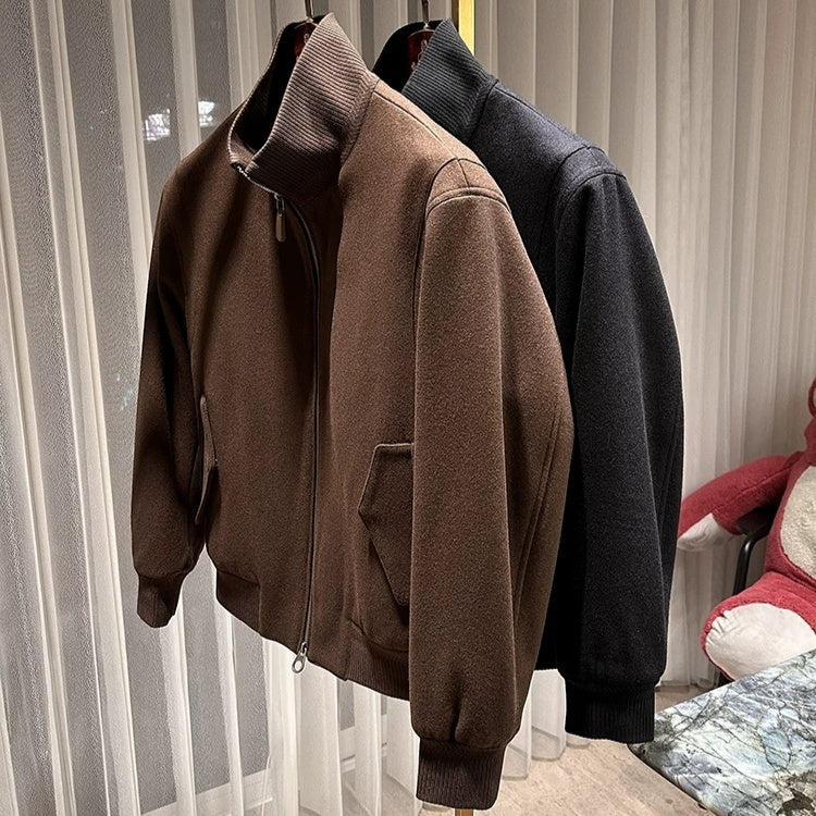Brown wool blend jacket coat with zip front, stand collar, ribbed cuffs, two pockets