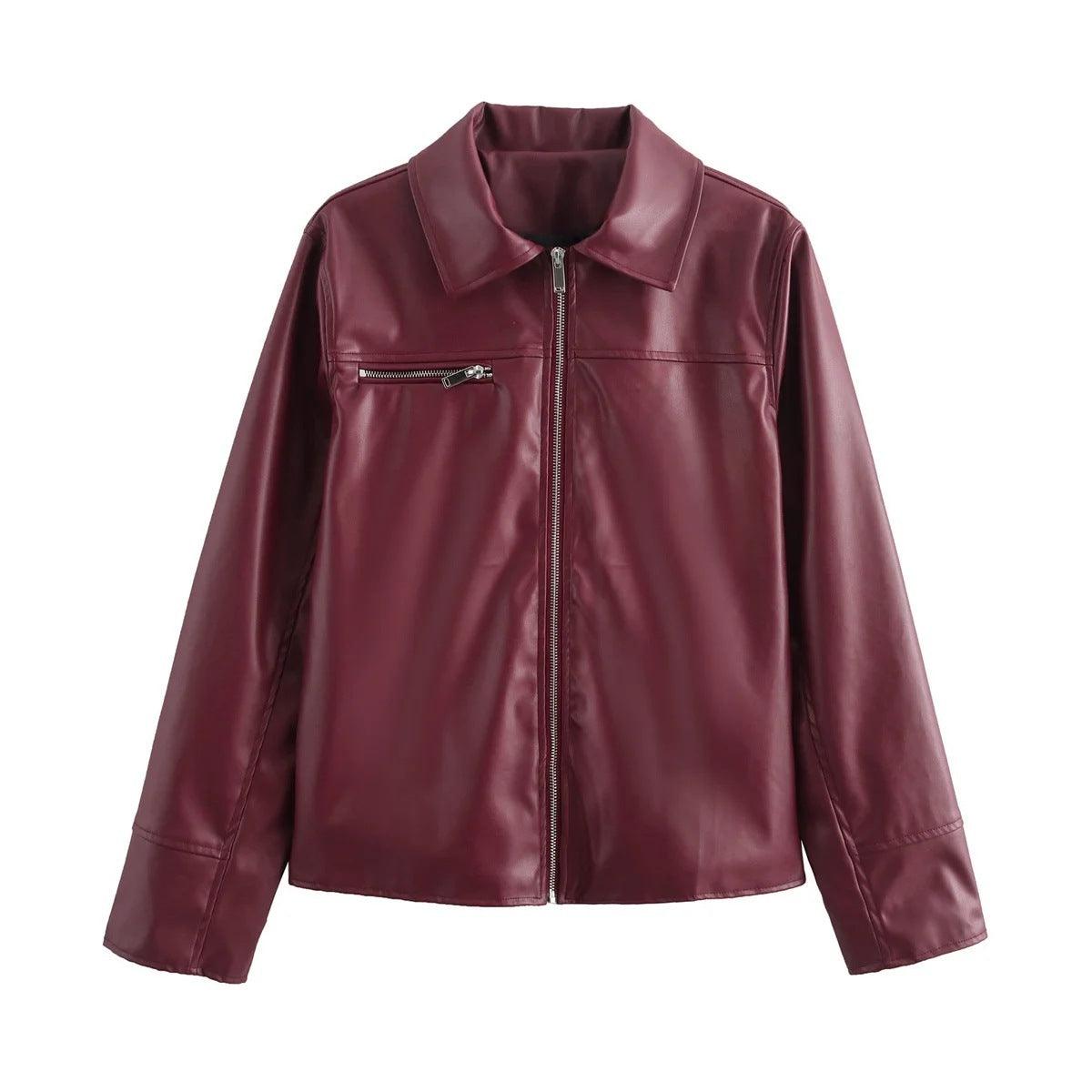 Wine red leather zip jacket with lapel collar, chest zipper pocket, long sleeves
