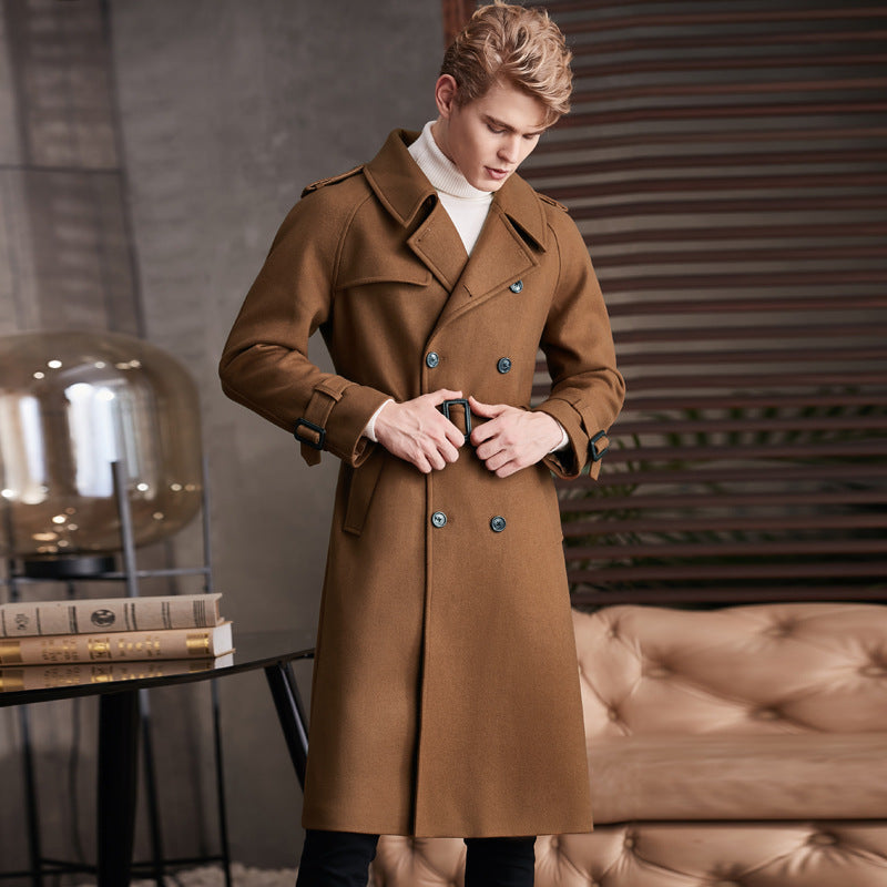 Men's Double Breasted Knee Length Woolen Coat - WOMONA.COM