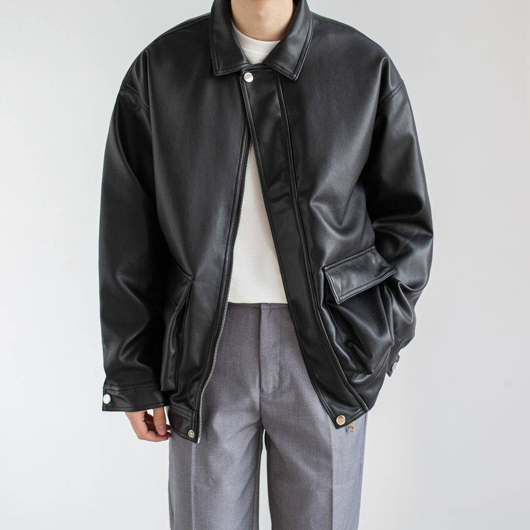 Men's black single-breasted faux leather jacket