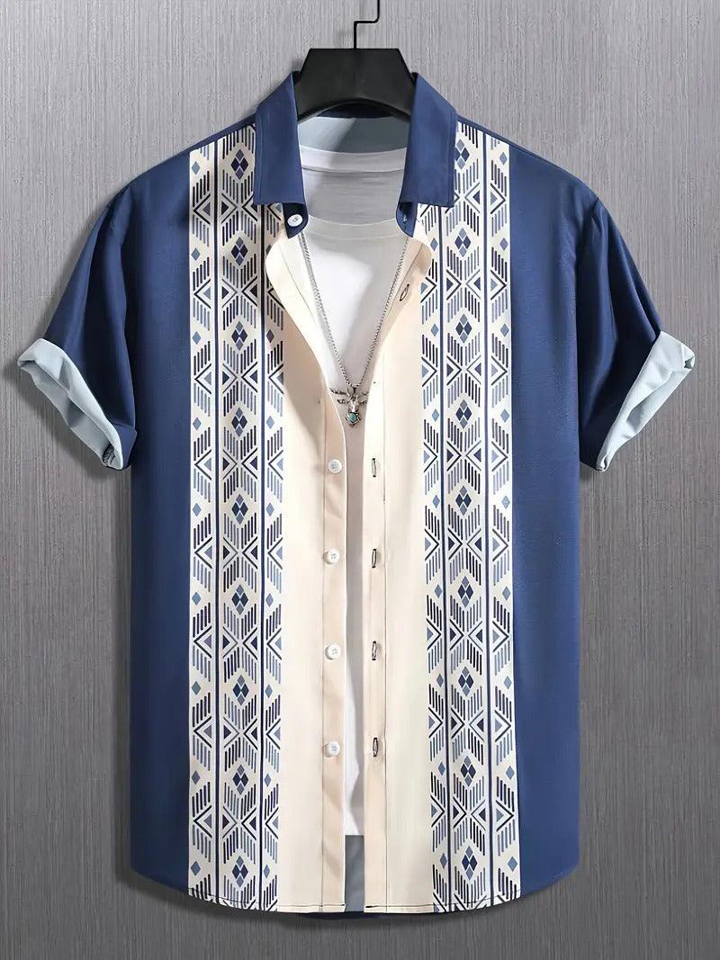 Short sleeve shirt in blue with white geometric panels and beige button placket