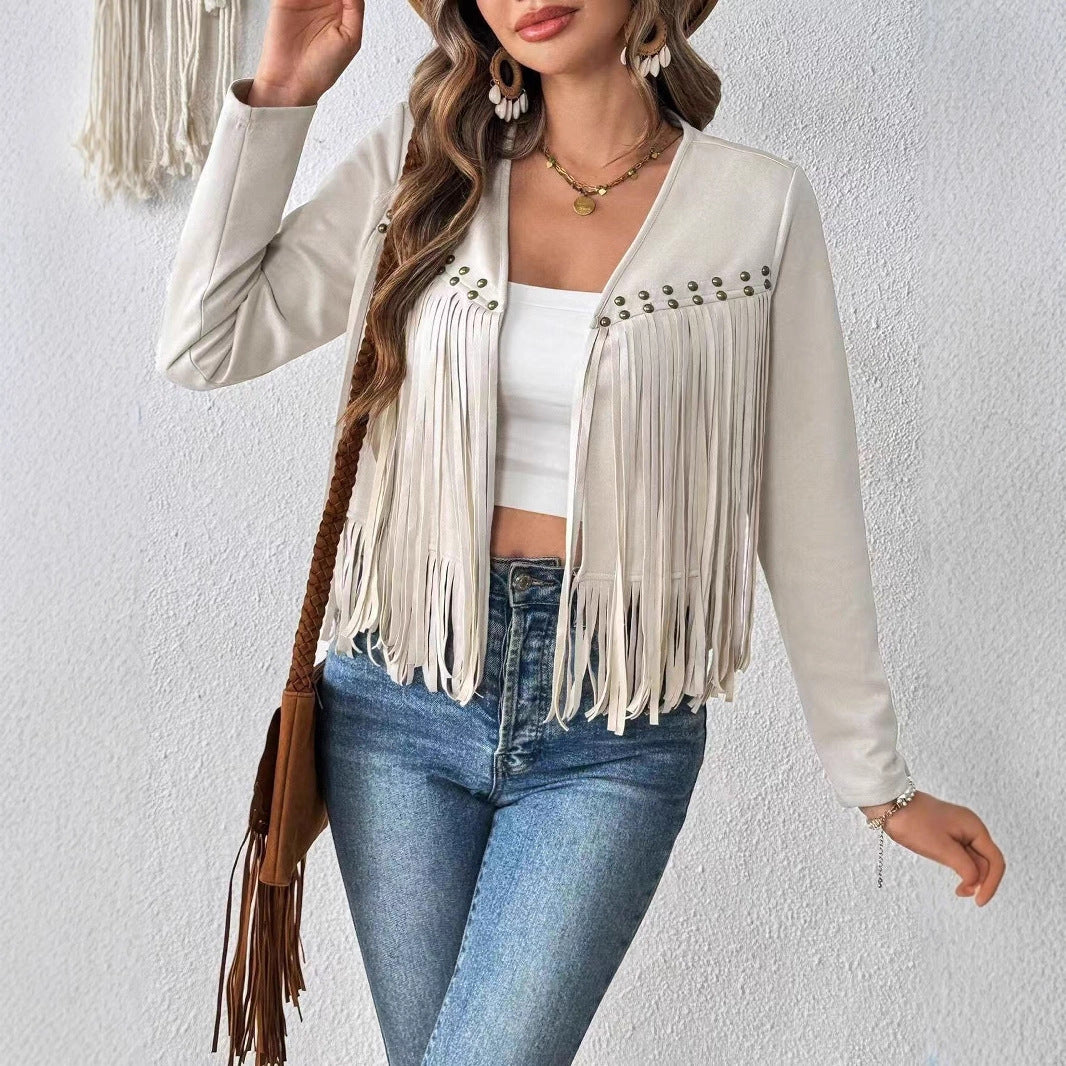 Women’s cream long-sleeve cardigan jacket with front fringe and decorative studs