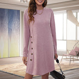 Button Long Sleeve Slim Solid Color Dress - WOMONA.COM