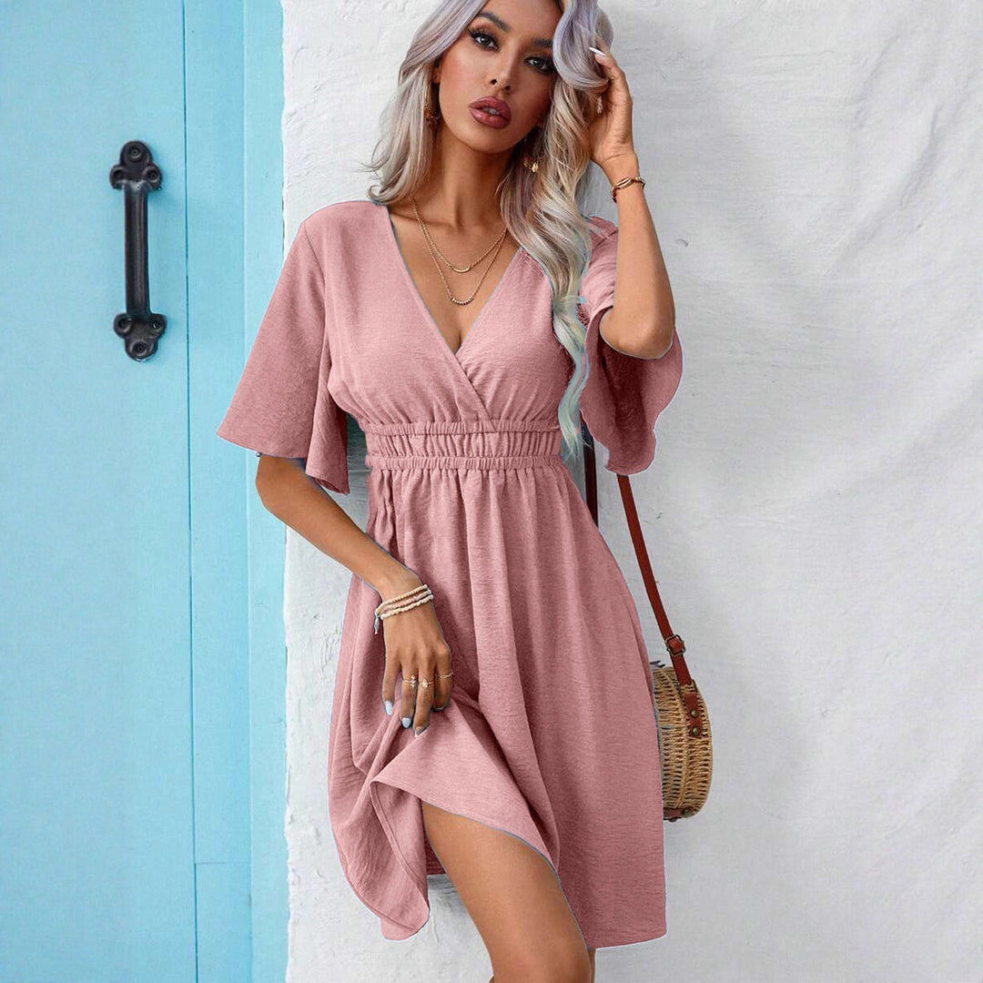 Women’s fitted-waist V-neck dress, short sleeves, gathered waist, dusty pink