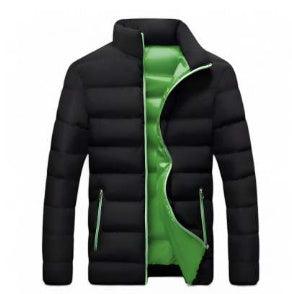 Black cotton-padded outdoor jacket with green zip lining and side pockets