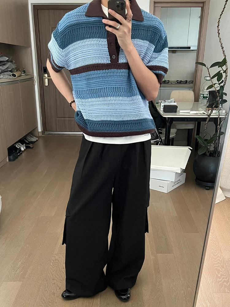 Striped Hollow Knitwear Short Sleeve Men's - WOMONA.COM