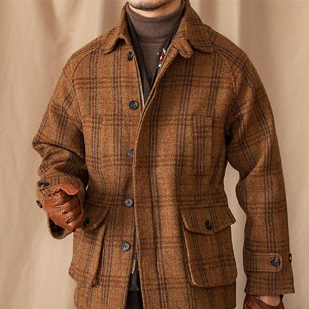 Light coffee tweed raglan-sleeve jacket with plaid pattern, button front, and flap pockets