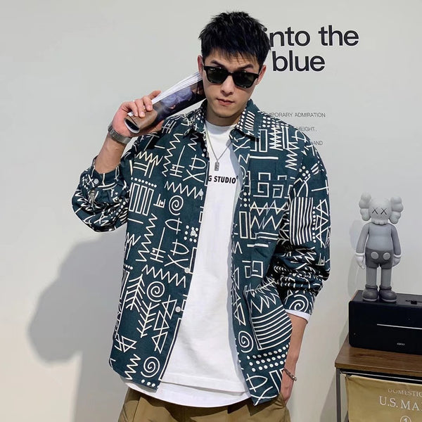 Men's Personalized Geometric Conform Print Long Sleeve Shirts - WOMONA.COM