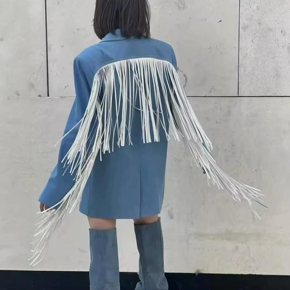 Blue women's square-collar tassel blazer, back view with long fringe across shoulders