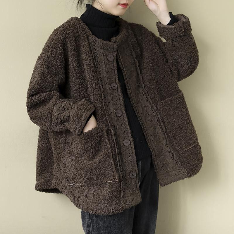 Coffee brown warm long-sleeve coat with fuzzy texture, stand collar, button front and pockets