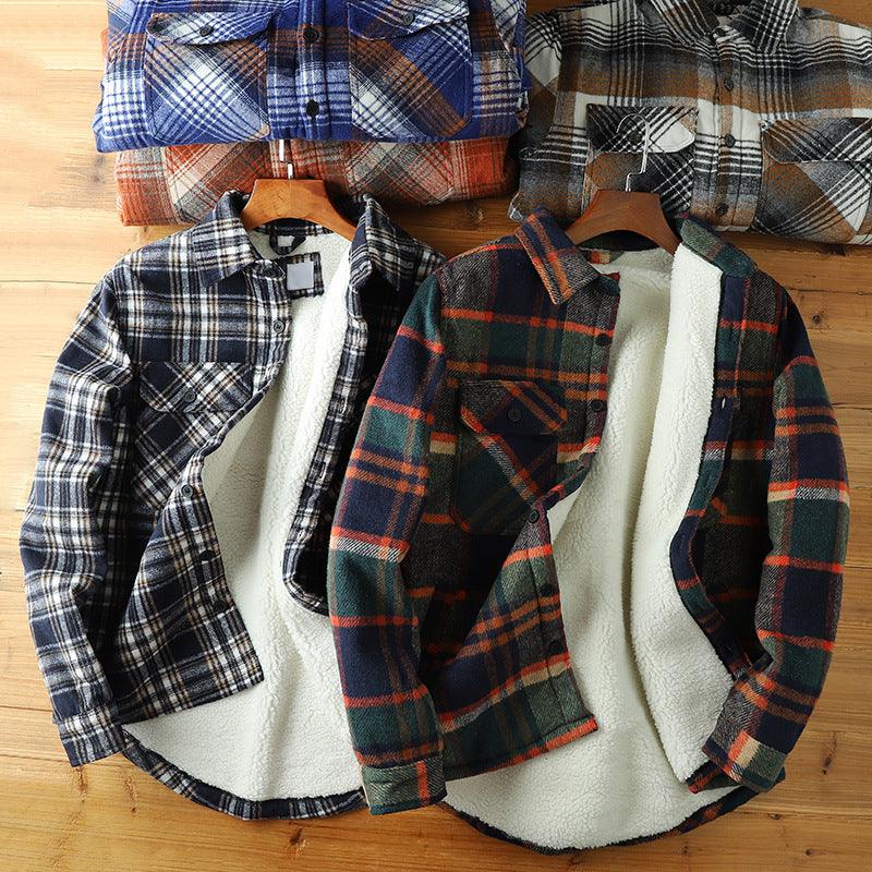 Men's fleece-lined plaid lapel shirt coat in navy, white, and brown with sherpa lining