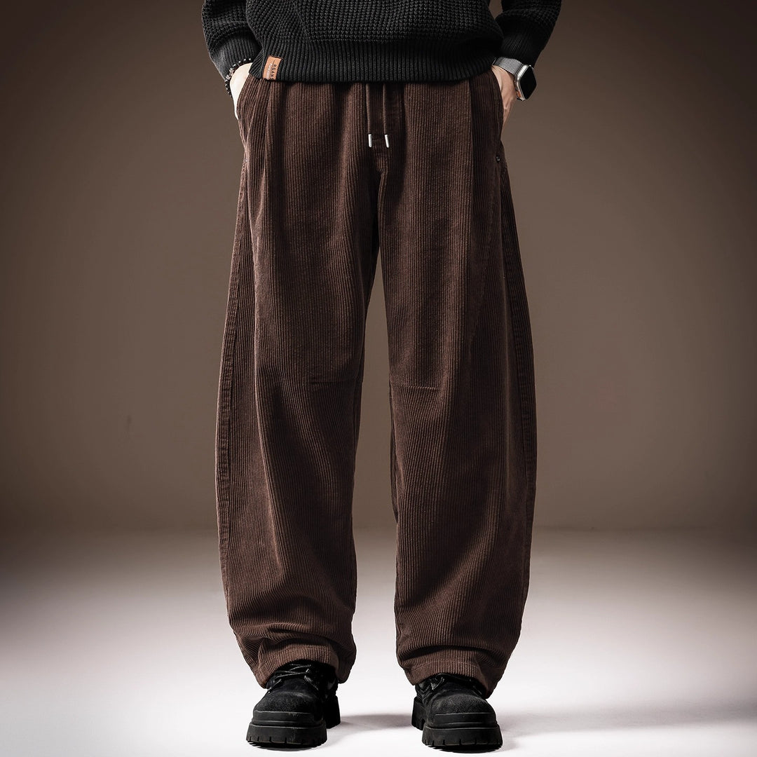 Brown thick flannel straight-leg trousers with drawstring waist and side pockets