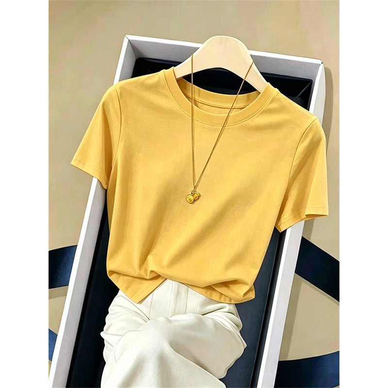 Women’s crewneck short-sleeve T-shirt in yellow with draped neckline detail