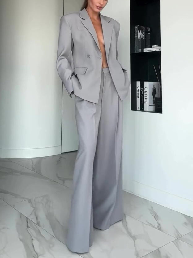 Grey Single-Button Blazer & Wide-Leg Pants Set – product image 1