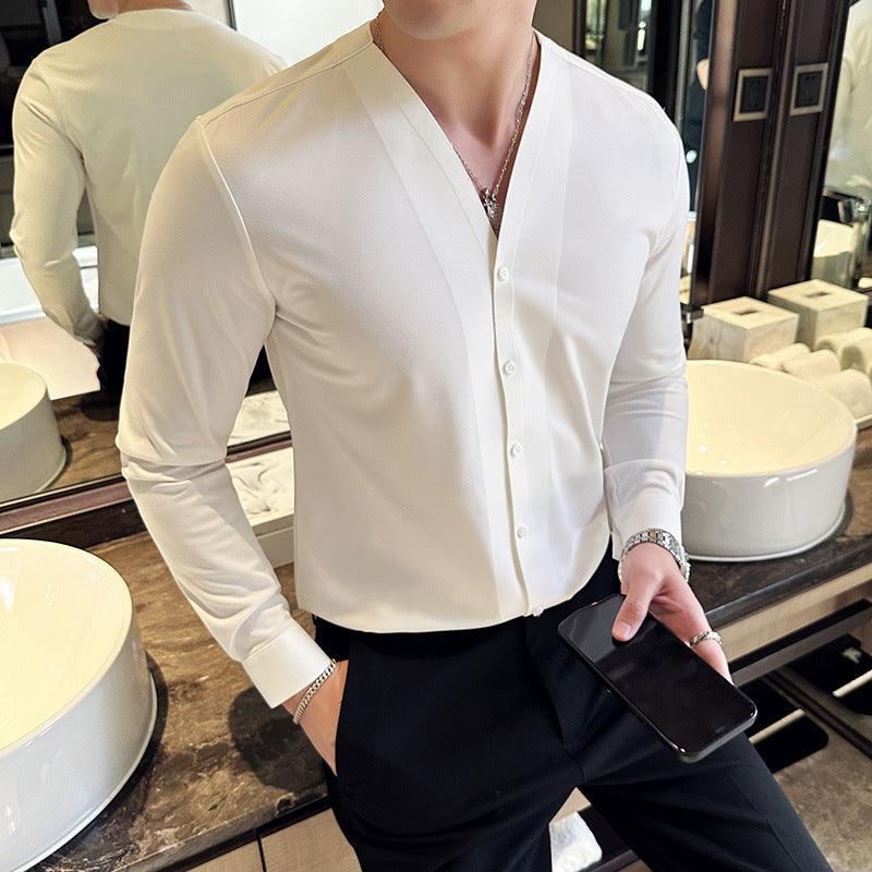Men's Waffle-Texture V-Neck Long-Sleeve Shirt