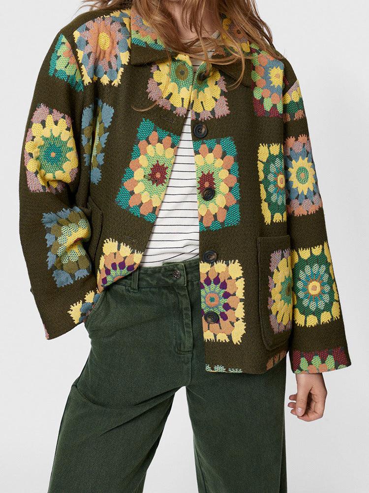 Multicolor flower-print lapel jacket with long sleeves and button front