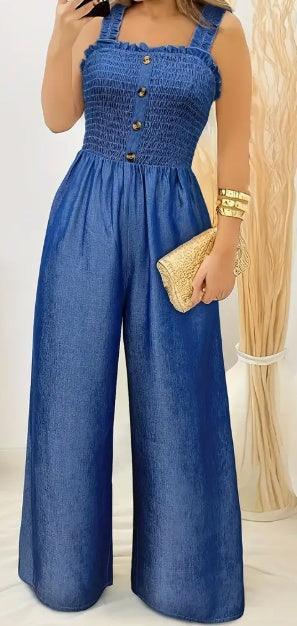 Ruched sleeveless jumpsuit, square neckline, button front, wide-leg pants in deep blue
