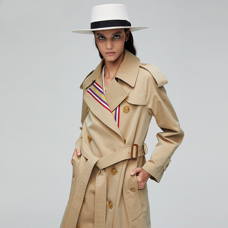 Ladies color stripe double-breasted trench coat