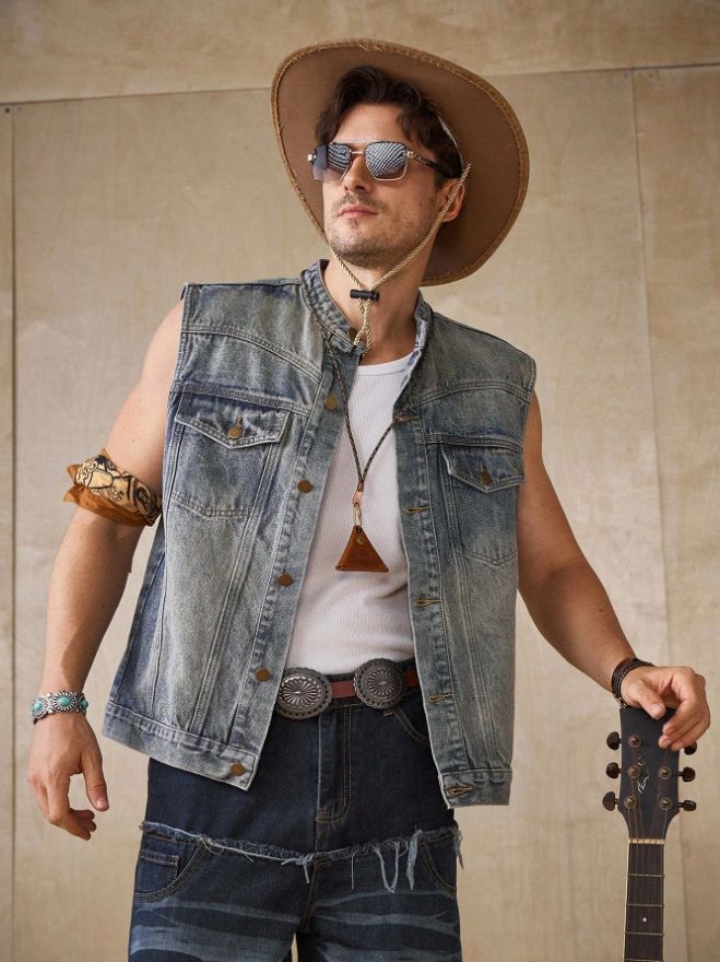Men's Vintage-Wash Blue Denim Vest - product view 1