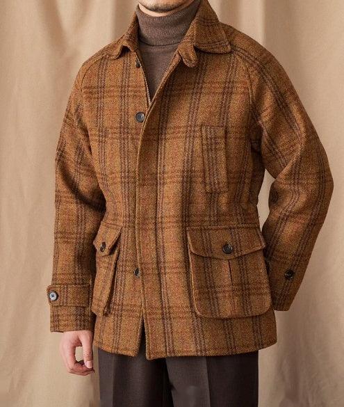 Light coffee tweed raglan-sleeve jacket with plaid check, stand collar, and flap pockets