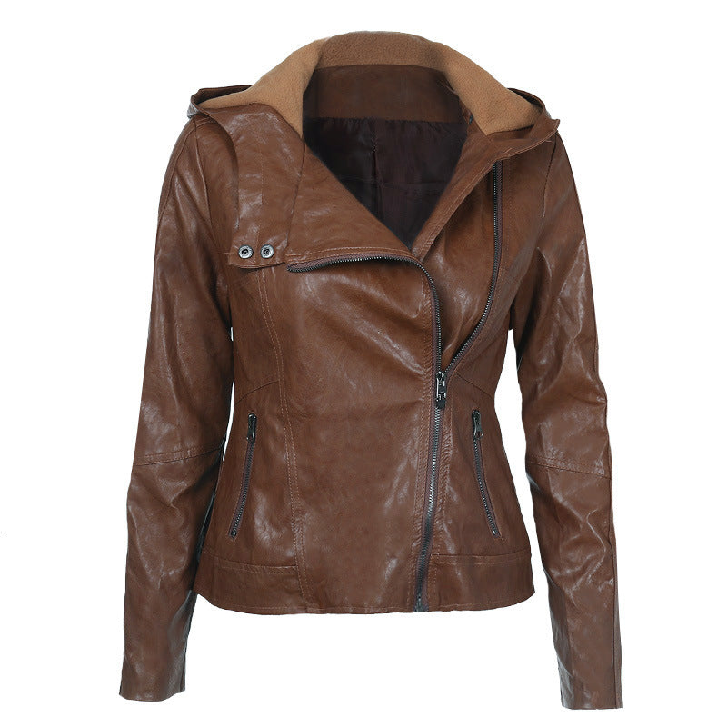 Solid color women's leather jacket - WOMONA.COM