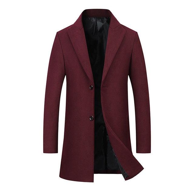 Men's maroon wool overcoat with notched lapels and two-button front