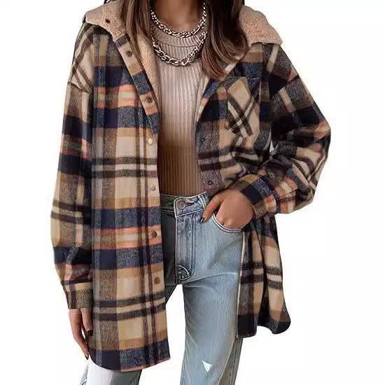 Chaqueta de franela a cuadros para mujer, manga larga, otoño