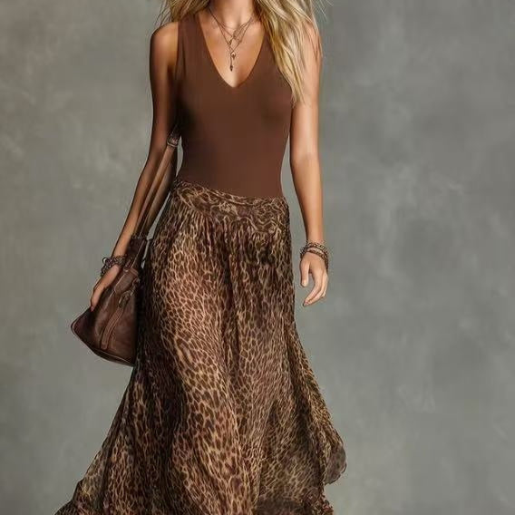 Brown leopard maxi dress, sleeveless V-neck, tiered flowing skirt