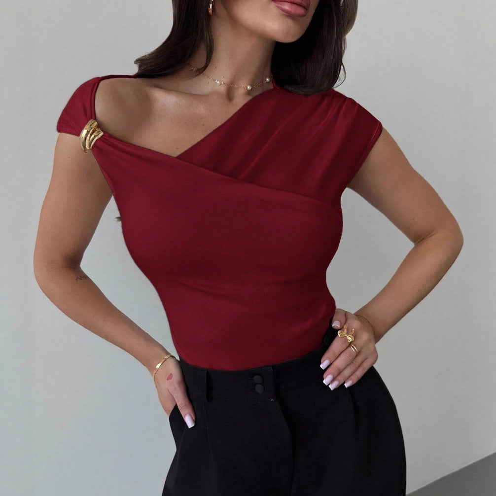 Off-shoulder short-sleeve top in dark red, fitted drape neckline and cap sleeves