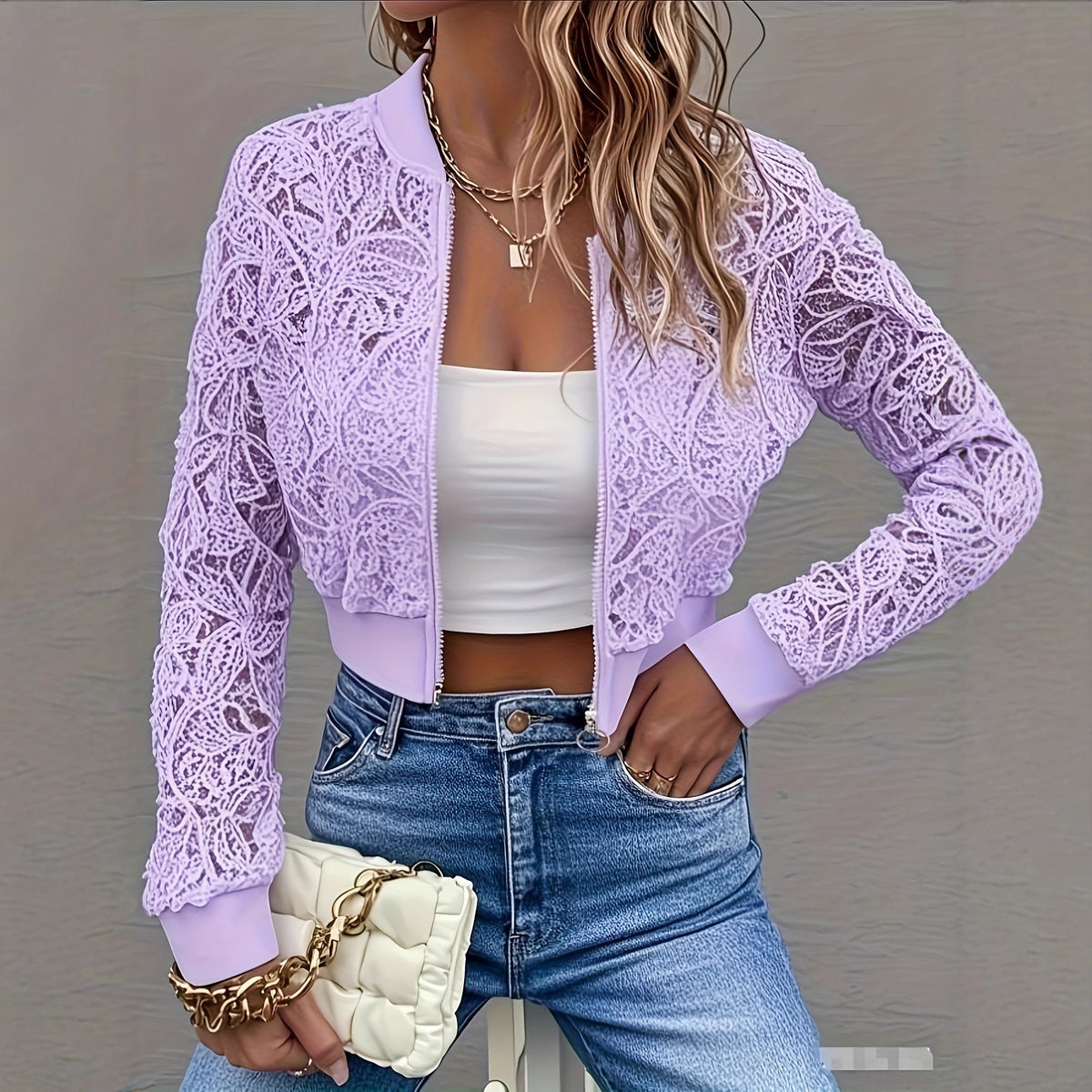 Women’s short lace jacket with zipper, light purple floral lace