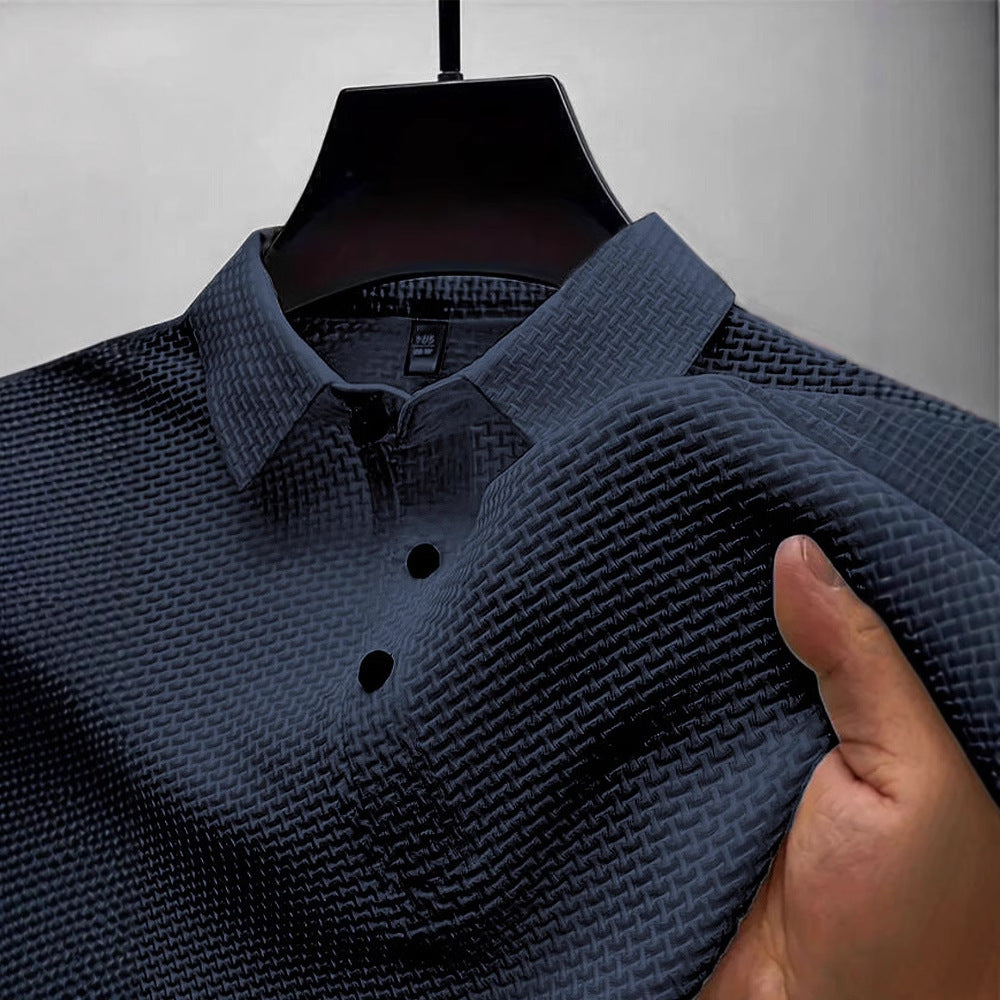 Men's summer solid polo shirt in dark blue with short sleeves and button placket
