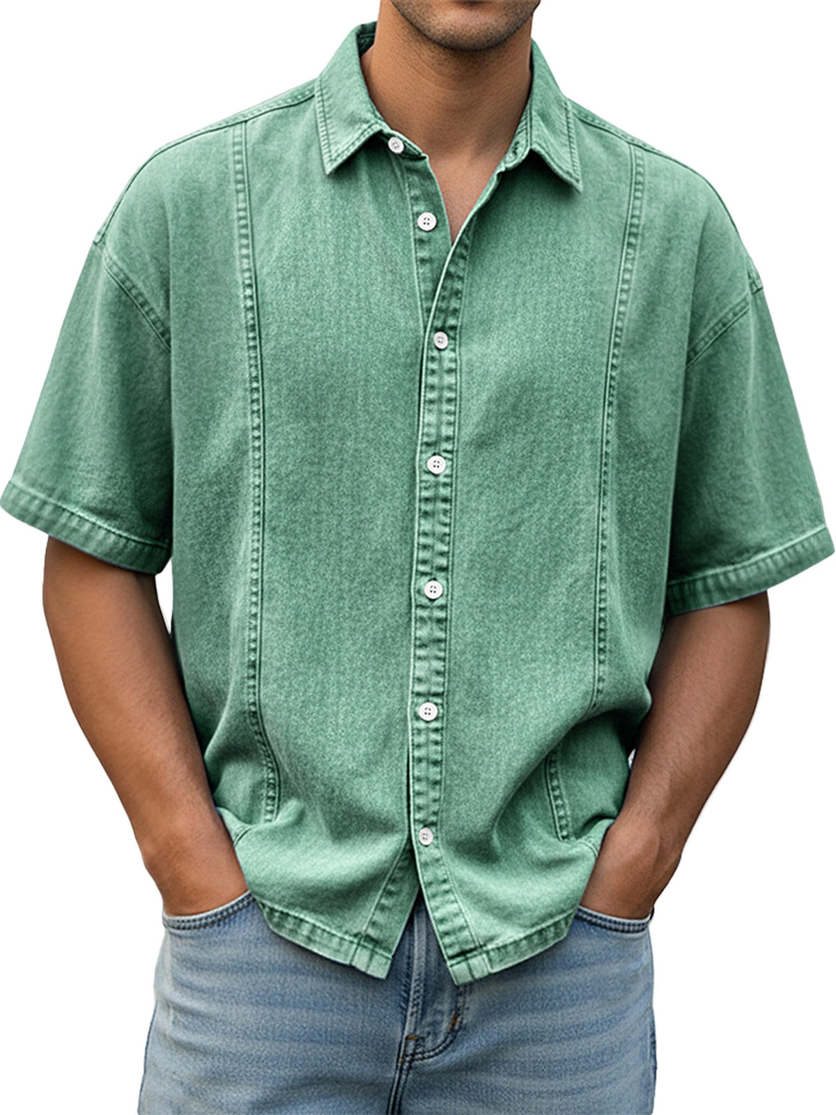 Men's short-sleeve button-up shirt, teal green wash with white buttons