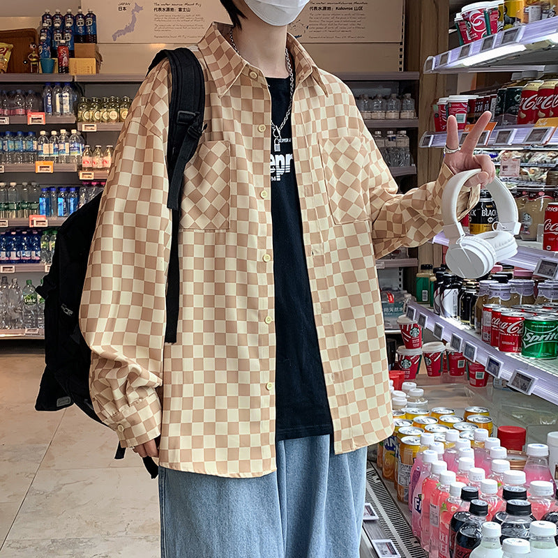 Checkerboard Men's Long-sleeved Spring Japanese Loose Coat Shirt - WOMONA.COM