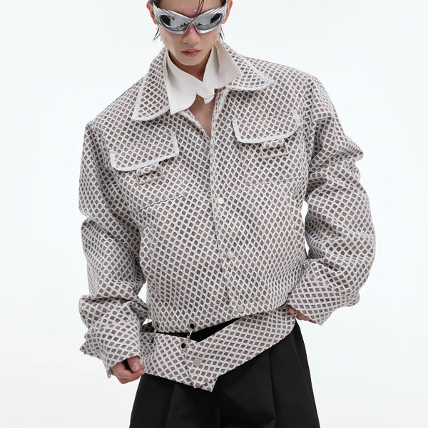 Heavy Niche Grid Design Casual Polo Collar Jacket - WOMONA.COM