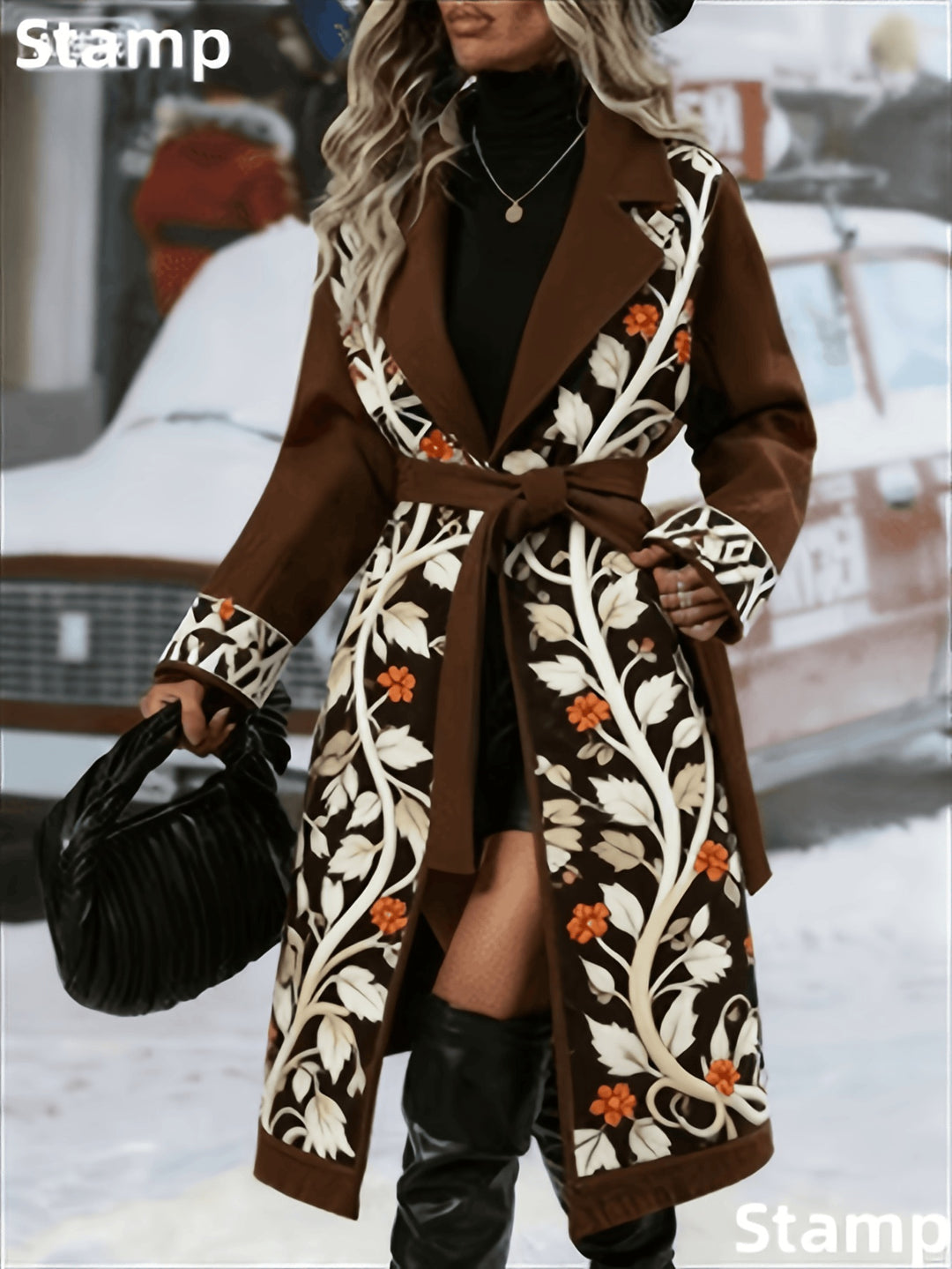 Long coat in brown with floral embroidery panels and tie waist belt.