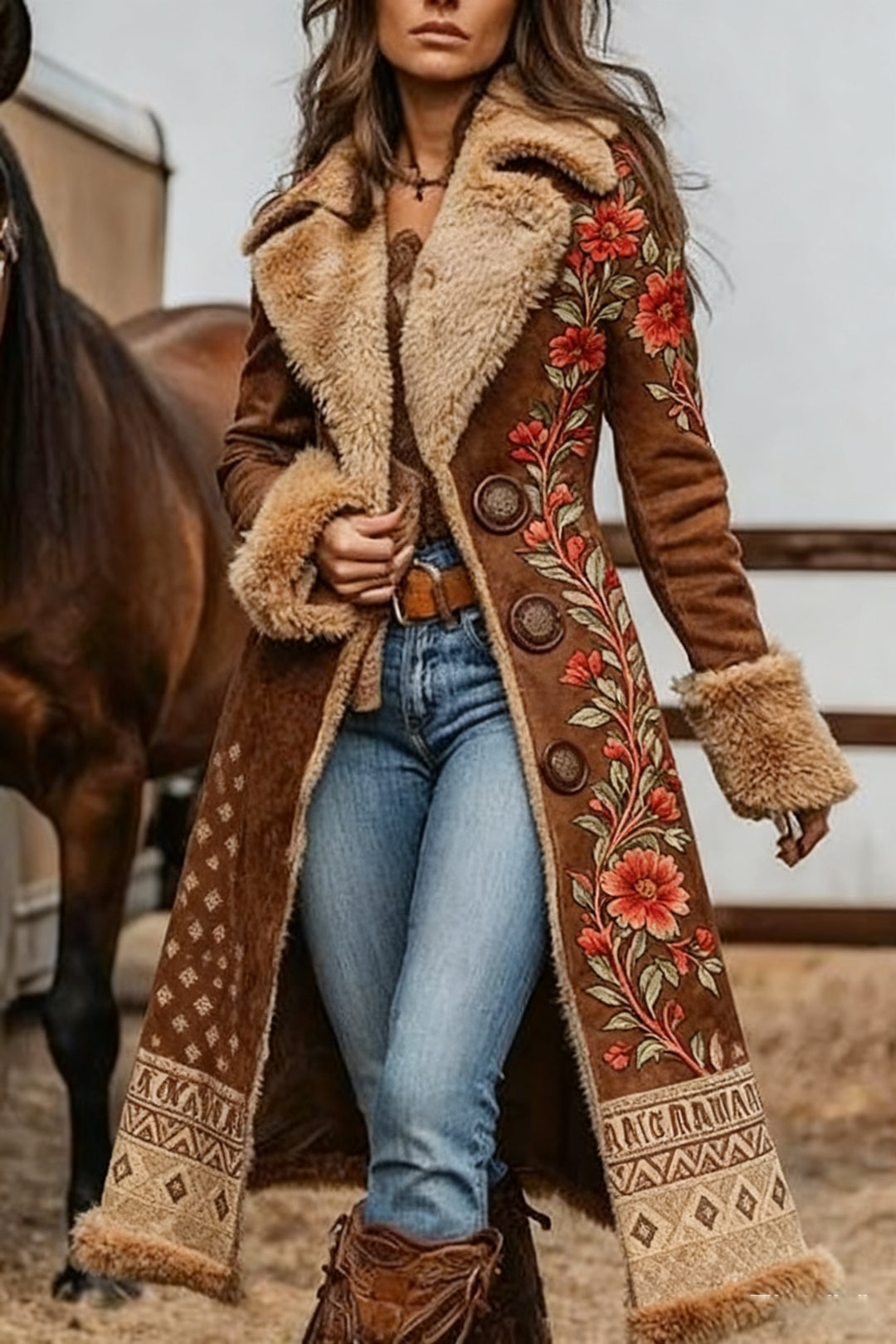 Women's western plush warm jacket in brown with sherpa trim and floral aztec sleeves