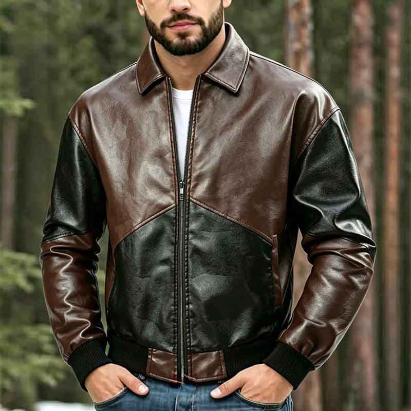 Men's retro zip jacket with brown and dark color-block panels, stand collar, ribbed cuffs