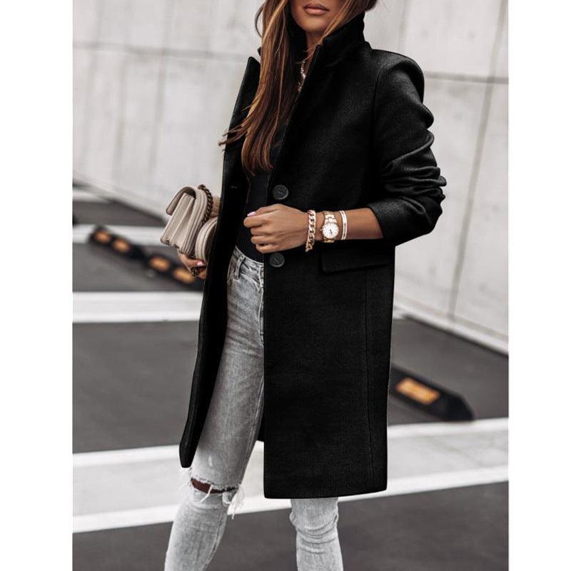 Black wool overcoat, long sleeves, front buttons, side pockets, straight mid-calf hem.